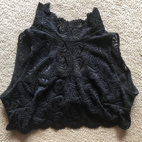BEBE Mock Turtle Black Lace Cropped Top Open Back - Picture 2 of 6